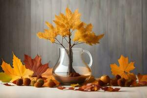 l'automne feuilles dans une vase avec une érable arbre. généré par ai photo
