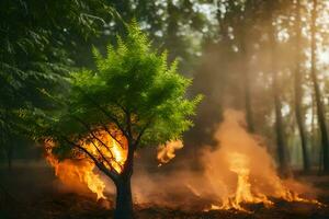 une arbre est brûlant dans le forêt. généré par ai photo