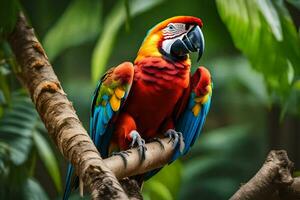 une coloré perroquet est assis sur une branche dans le jungle. généré par ai photo