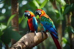 deux coloré perroquets séance sur une branche. généré par ai photo