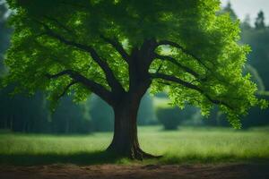 une arbre est permanent dans le milieu de une champ. généré par ai photo