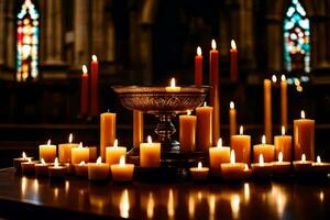 bougies sont allumé dans de face de une église autel. généré par ai photo