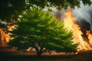 une arbre est brûlant dans le champ. généré par ai photo