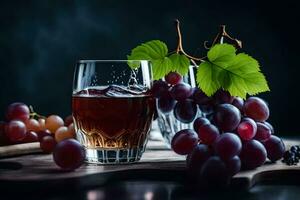 verre de du vin et les raisins sur une foncé Contexte. généré par ai photo