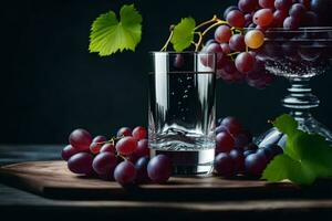 une verre de l'eau et les raisins sur une tableau. généré par ai photo