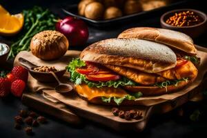 une sandwich avec fromage, tomates et autre ingrédients. généré par ai photo