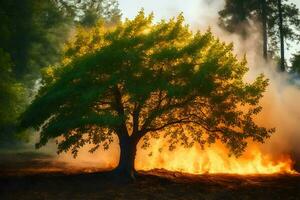 une arbre est brûlant dans le milieu de une champ. généré par ai photo