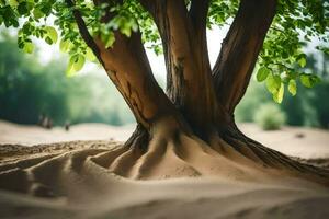 une arbre avec les racines dans le sable. généré par ai photo