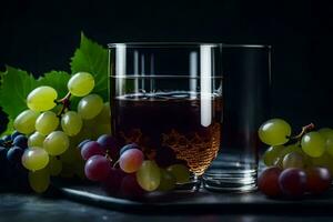 une verre de du vin et les raisins sur une noir Contexte. généré par ai photo