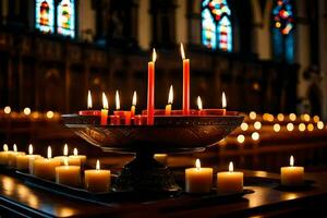 bougies sont allumé dans une église avec bougies dans le Contexte. généré par ai photo