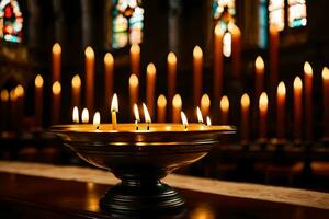 bougies dans une église avec bougies allumé. généré par ai photo