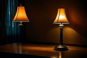 deux les lampes sur une table dans le sombre. généré par ai photo