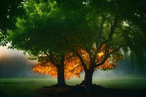 deux des arbres dans le brouillard avec le Soleil brillant à travers. généré par ai photo