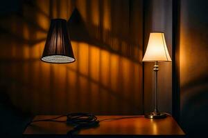 une lampe et une table lampe sur une tableau. généré par ai photo