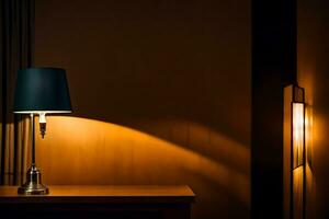 une lampe sur une table dans de face de une mur. généré par ai photo