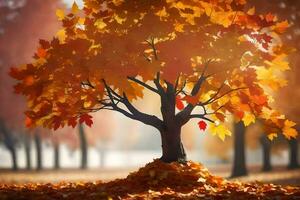 une arbre est entouré par l'automne feuilles. généré par ai photo