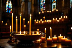 bougies sont allumé dans une église avec bougies dans le Contexte. généré par ai photo