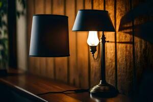 une lampe avec une noir ombre sur une en bois tableau. généré par ai photo