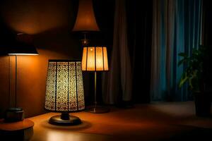 une lampe est sur une table dans une foncé chambre. généré par ai photo