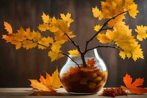 l'automne feuilles dans une vase sur une tableau. généré par ai photo