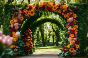 une magnifique arcade décoré avec fleurs. généré par ai photo