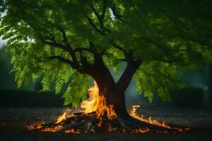 une arbre avec flammes à venir en dehors de il. généré par ai photo