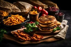 une Burger, frites et autre nourriture sur une Coupe planche. généré par ai photo