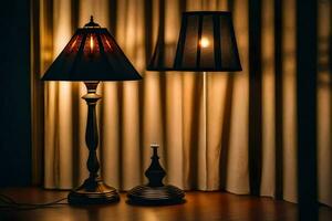 deux les lampes sur une table dans de face de une rideau. généré par ai photo