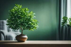 une mis en pot plante sur une table dans de face de une vert mur. généré par ai photo