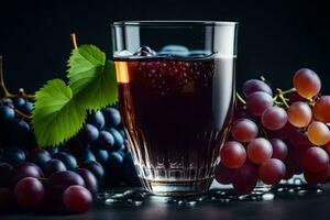 une verre de du vin et les raisins sur une noir Contexte. généré par ai photo