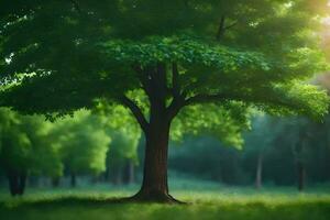 photo fond d'écran le ciel, des arbres, herbe, soleil, des arbres, vert, le forêt, le. généré par ai