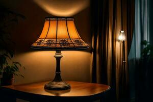 une lampe sur une table dans le sombre. généré par ai photo