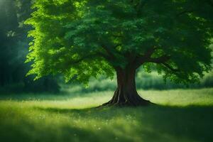 une grand arbre dans le milieu de une vert champ. généré par ai photo