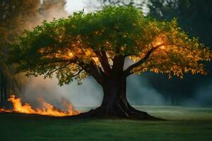 une arbre avec flammes à venir en dehors de il dans le milieu de une champ. généré par ai photo