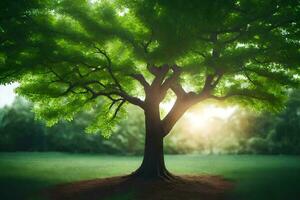 une arbre est montré dans le lumière du soleil avec vert feuilles. généré par ai photo