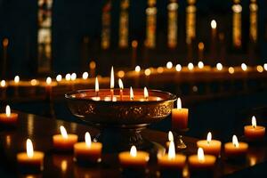 bougies sont allumé dans une église avec bougies dans le Contexte. généré par ai photo