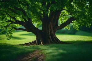 une arbre est permanent dans le milieu de une champ. généré par ai photo