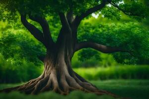 une arbre avec les racines dans le herbe. généré par ai photo