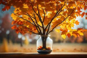l'automne arbre dans une verre pot sur une tableau. généré par ai photo