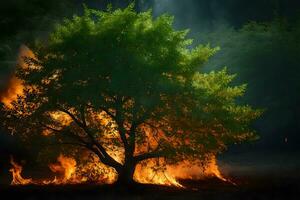 une arbre est brûlant dans le forêt. généré par ai photo