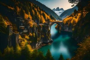 le pont plus de le rivière dans le montagnes. généré par ai photo