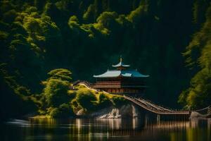 une pagode est assis sur une pont plus de une lac. généré par ai photo