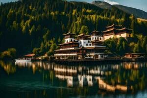 une magnifique chinois bâtiment est assis sur le rive de une lac. généré par ai photo