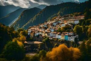 une village dans le montagnes avec des arbres et montagnes. généré par ai photo