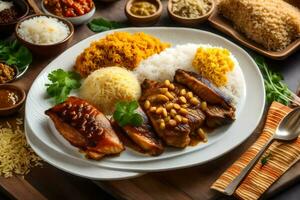 une assiette de nourriture avec riz, Viande et autre ingrédients. généré par ai photo