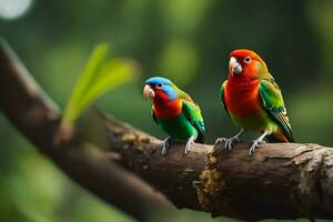 deux coloré des oiseaux séance sur une branche. généré par ai photo