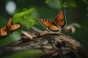 papillons sur une arbre souche, nature, vert, des arbres, HD fond d'écran. généré par ai photo