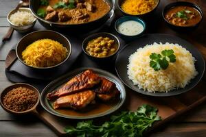 Indien nourriture sur une en bois tableau. généré par ai photo