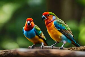 deux coloré des oiseaux séance sur une branche. généré par ai photo