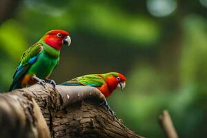 deux coloré des oiseaux séance sur une branche. généré par ai photo